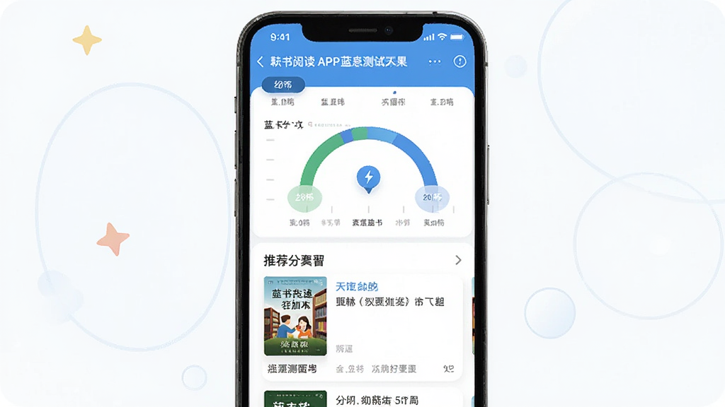 耘书阅读APP蓝思测试结果页面,画面主体为手机屏幕显示蓝思分级图表和推荐书籍封面,布局上下结构,风格清爽教育风,细节包括档位动画和书籍列表,画质高清,干净无多余元素