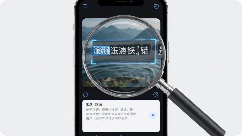 �����Ŵ󾵵�ͼƬʶ�����ֹ��ܽ��棬�ֻ���Ļ��ʾһ�Ŵ������ֵ�ͼƬ�����ֱ�ʶ���ѡ����ȡ���·��ı����У��������࣬�Ƽ��з�񣬻����������ɾ��޶���Ԫ��
