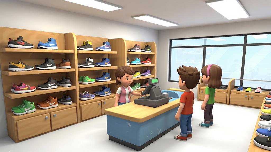 Ь��ģ����3D��װ����Ϸ���棬3D�˶�Ь�̵곡���������ϰ�����ɫ�˶�Ь������̨ǰ�й˿��Ŷӣ������ƹ⣬��ͨдʵ��񣬸��廭�ʣ��ɾ������޶���Ԫ��