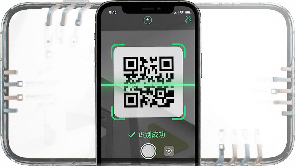 ��ά������ɨ��APP��ҳɨ����棬����Ϊ�ֻ���Ļ��ʾɨ����ʶ��ɹ���ʾ�����־��У��Ű��࣬���Ϊ�ִ��Ƽ���UI��ϸ�ڰ�����ά��ͼ������ɫɨ���ߣ����ʸ��壬�ɾ����޶���Ԫ��