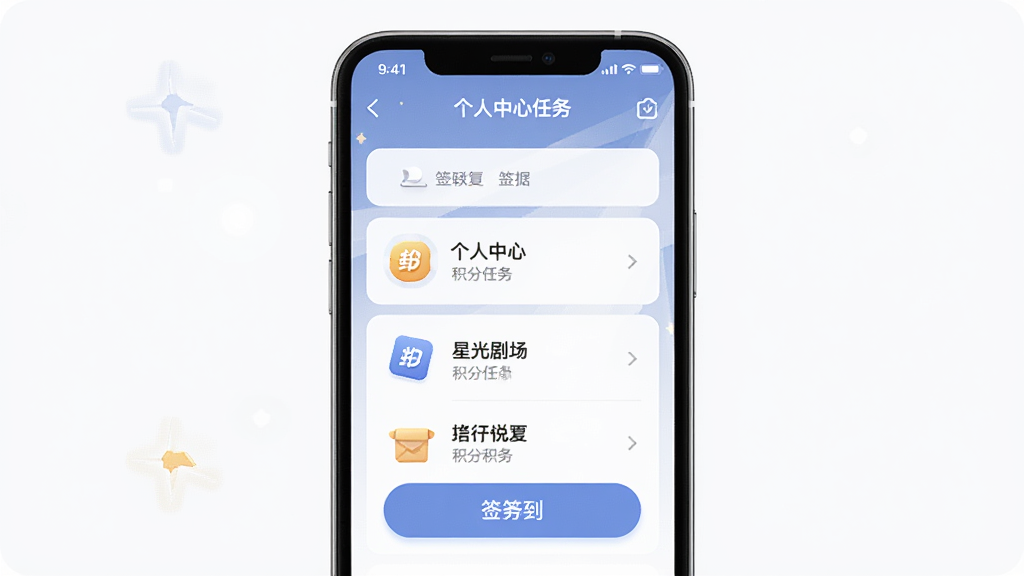 星光剧场app个人中心积分任务页面,主体为手机屏幕展示任务列表,布局居中,排版清晰,风格简约现代,细节为积分图标和签到按钮,画质清晰,干净,无多余元素