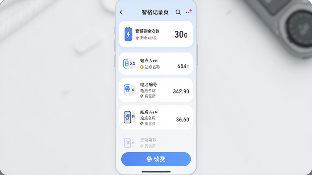 �Ǹ���APP�����¼ҳ�棬�����б�չʾ���������¼��ÿ������ʱ�䡢վ�����ơ���ر�ţ��������ײ�ʣ�������Ƭ���ײ������Ѱ�ť������ɾ����࣬ǳɫ������Բ�ǿ�Ƭ��ƣ����廭�ʣ��޶���װ��