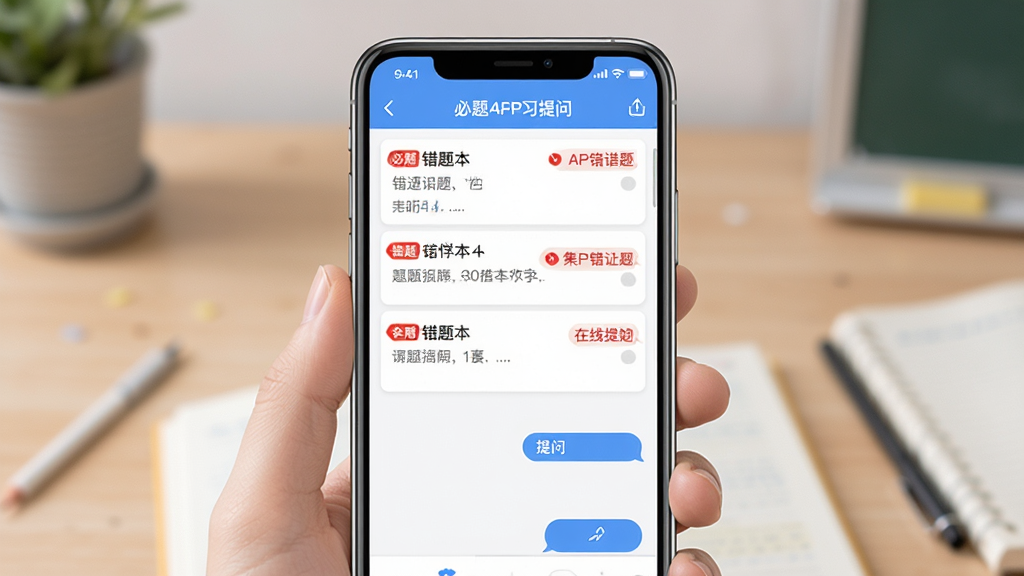 必过APP错题本与在线提问功能界面,主体为手机屏幕中错题列表与提问对话框,布局上下分栏,排版整齐,风格清爽学习风,细节包含红色错题标记与消息气泡,画质清晰,干净,无多余元素