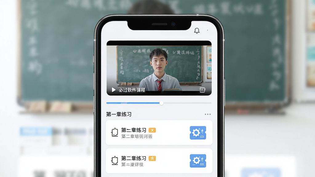 必过软件界面展示,主体为手机屏幕中显示视频课程与章节练习列表,布局居中,排版清晰,风格简洁教育风,细节包含进度条与答题卡图标,画质高清,干净,无多余元素