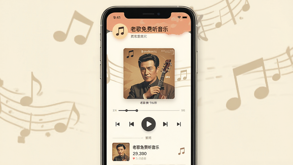 一张以“老歌免费听音乐”为主题的App界面截图风格图片,主体为手机屏幕展示音乐播放列表,布局中央放置播放器控件和专辑封面,排版简洁清晰,风格现代扁平化,细节包含音符图标和怀旧色调,画质高清,干净,无多余元素