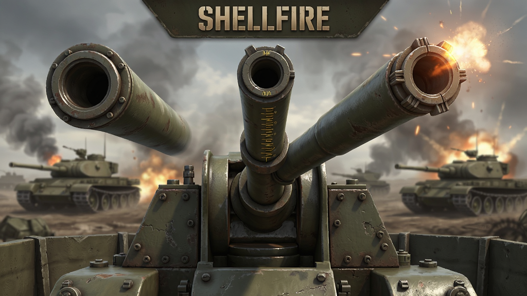 Shellfire游戏主界面,一门大口径火炮位于画面中央,背景为硝烟弥漫的战场,远处有敌方坦克轮廓,布局采用中心构图,风格写实军事风,细节包含炮管纹理、瞄准刻度、爆炸火光,画质高清,干净,无多余元素