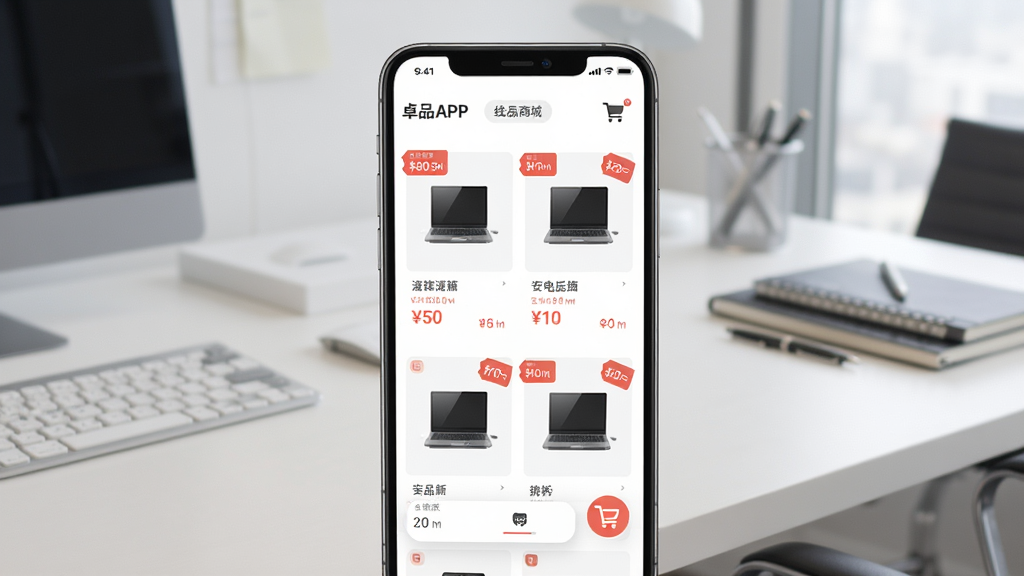 卓品APP线上商城界面展示,手机屏幕中呈现品牌商品列表和折扣标签,背景为简洁的办公桌场景,布局居中,风格现代商务,细节包括商品卡片、价格标签、购物车图标,画质清晰干净,无多余元素