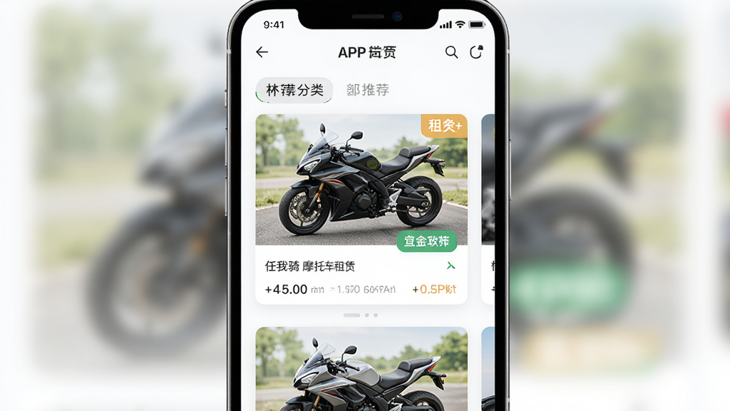 ������Ħ�г�����APP��ҳ��ͼ������Ϊ�ֻ�����չʾĦ�г��������Ƽ����ͣ��������»�����Ƭʽ���Ű��࣬�������������ϸ�ڰ���Ħ�г�ʵ��ͼ������ǩ�����ʸ��壬�ɾ����޶���Ԫ��