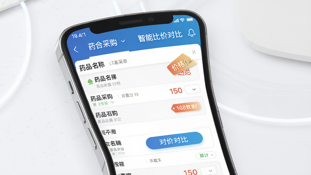 ����ҩҵ�ֻ�APP����չʾ����������Ϊһ�������ֻ�����Ļ��ʾҩƷ�ɹ��б������ܱȼ۹��ܣ����ּ���������Ű�������½ṹ�����Ϊ�ִ�����Ƽ��磬ϸ�ڰ���ҩƷ���ơ��۸��ǩ���ԱȰ�ť�����ʸ��壬����ɾ����޶���Ԫ��
