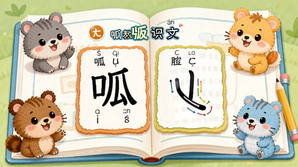 ����ʶ��ѧϰ���棬��������չʾ�˽̰����Ŀα���ʽ�ĺ��ֿ�Ƭ����Ƭ����ƴ���ͱ�˳��ʾ����Χ�����ſɰ���С���￨ͨ���󣬲���Ϊ�����Ű棬���Ϊ���¶�ͯ�廭��ϸ�ڰ��������Ŀα���Ǧ��Ԫ�أ����ʸ��壬�ɾ����޶���Ԫ��