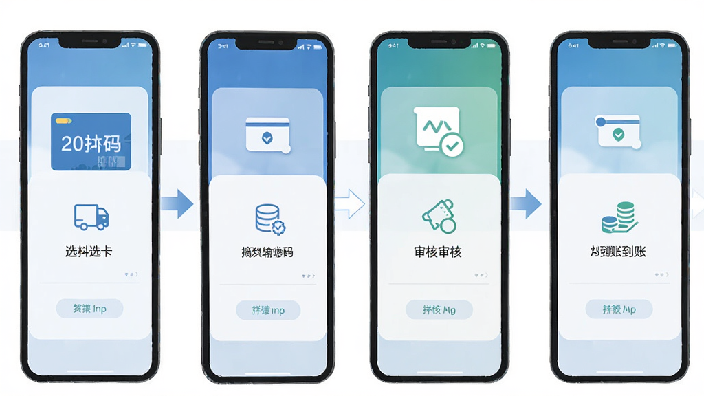 抖抖收平台操作流程图,主体为手机界面分步骤展示选卡、输码、审核、到账四个环节,布局纵向排列,排版整齐,风格扁平化设计,细节包含箭头引导和图标标注,画质清晰,干净,无多余元素