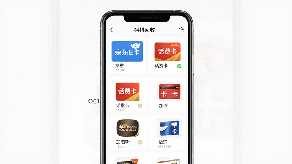抖抖收APP界面展示,主体为手机屏幕显示卡券回收列表,布局居中,排版清晰,风格简洁现代,细节包含京东E卡、话费卡、加油卡等图标,画质高清,干净,无多余元素