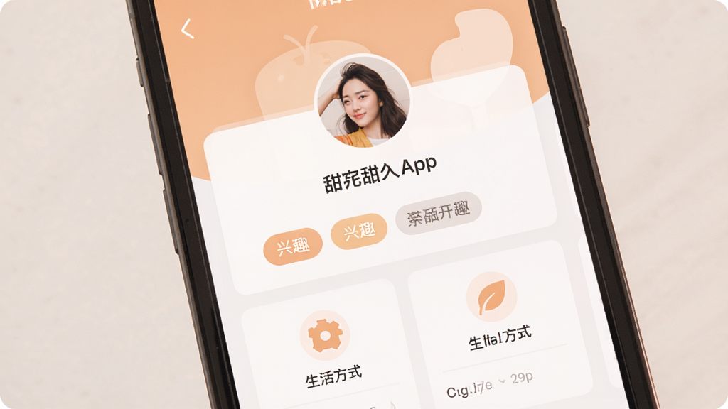 只甜App界面展示,主体为手机屏幕中显示丰富个人资料卡片,布局居中,排版简洁,风格清新温暖,细节包含头像、兴趣标签、生活方式图标,画质清晰,干净,无多余元素