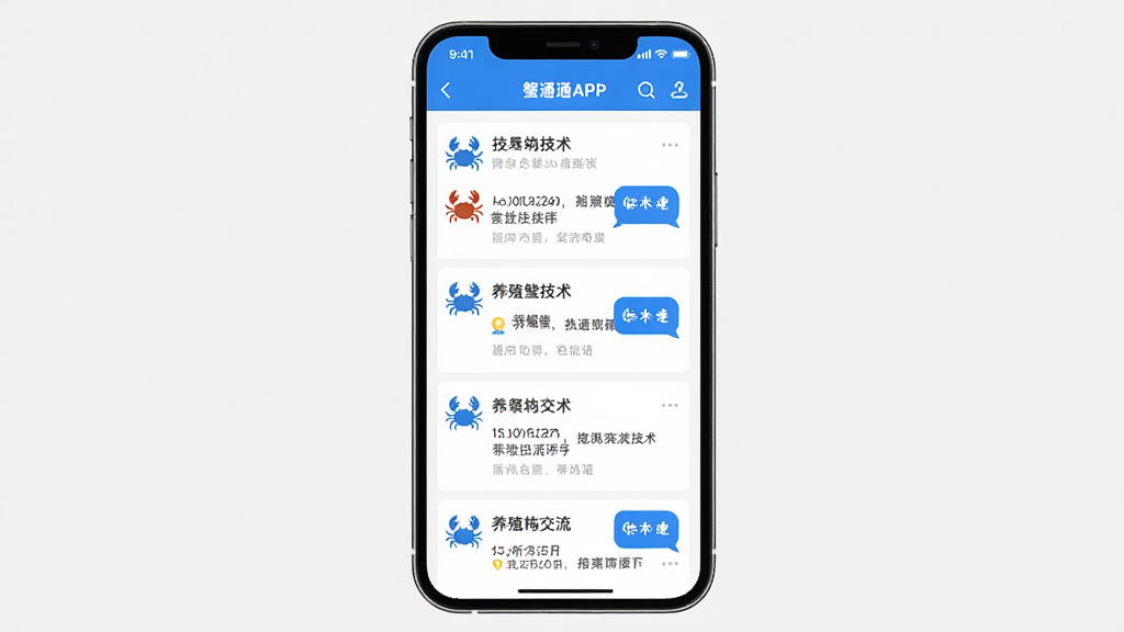 蟹通通APP界面展示,主体为手机屏幕显示养殖技术交流帖子列表,布局为竖屏居中,排版简洁,风格为扁平化科技蓝,细节包含螃蟹图标和聊天气泡,画质清晰,干净,无多余元素