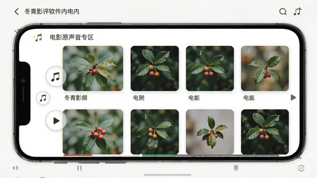 冬青影评软件内的电影原声音频专区页面,主体为手机界面展示,布局为网格状音频专辑封面排列,排版整齐,风格清新文艺,细节包含音符图标和播放进度条,画质高清,干净,无多余元素