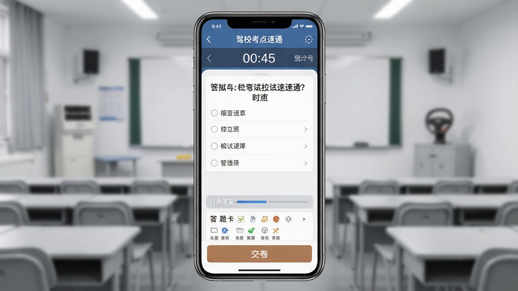 �ֻ���Ļչʾ����У������ͨ��APP��ģ�⿼�Խ��棬������ʾ����ʱ����ţ��м���ʾ������Ŀ��ѡ��ײ���ʾ���⿨������Ϊǳ��ɫ������Χ�����岼���Ͻ������רҵ��ϸ�ڰ���ʱ��������ͽ�����ť�����ʸ��壬�ɾ��޶���Ԫ��