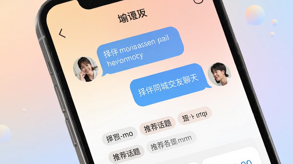 择伴同城交友聊天界面,手机屏幕中显示两人对话气泡和推荐话题标签,背景为柔和渐变色彩,画面简洁明亮,高画质,无多余元素