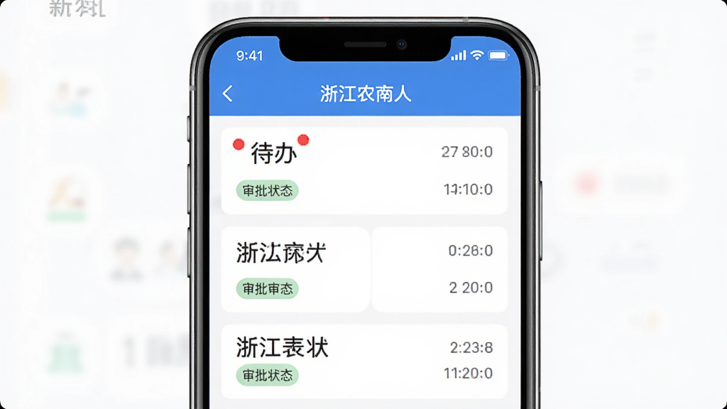 主体为手机屏幕展示浙江农商人移动审批列表界面,布局为上下结构,排版整齐,风格为商务简约,细节包括待办数量红点、审批状态标签、时间戳,画质清晰,干净,无多余元素