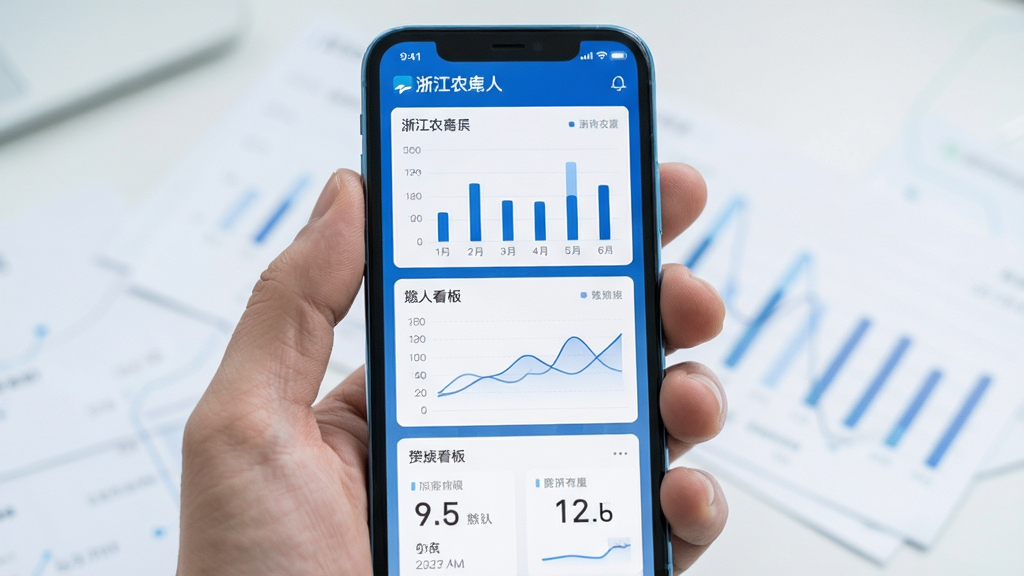 主体为手机屏幕呈现浙江农商人数据看板,布局为卡片式网格,排版清晰,风格为科技蓝调,细节包括柱状图、折线图、数字指标,画质清晰,干净,无多余元素