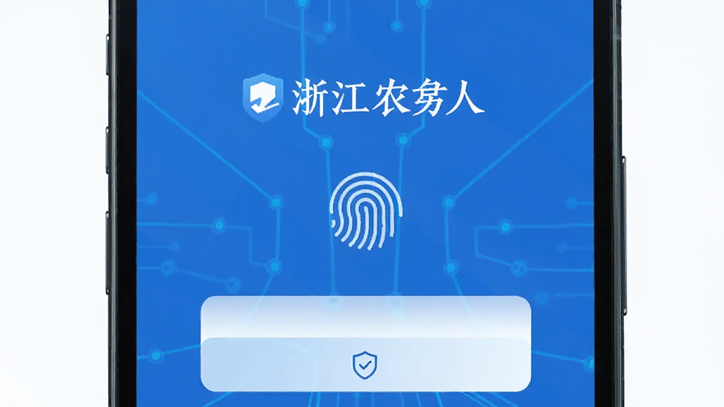 主体为一部智能手机屏幕显示浙江农商人登录界面,布局居中,排版简洁,风格为现代金融科技感,细节包括指纹识别图标与盾牌安全标识,画质清晰,干净,无多余元素