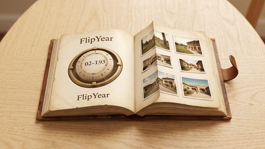 FlipYear Ӧ��������չʾ 3D ��ҳ��Ч��������Ϊһ���򿪵����ƽ����ǳɫľ�������ϣ����־��У��Ű��࣬�����ů���ɣ�ϸ�ڰ������ת�̺���Ƭ����ͼ�������������ɾ����޶���Ԫ��