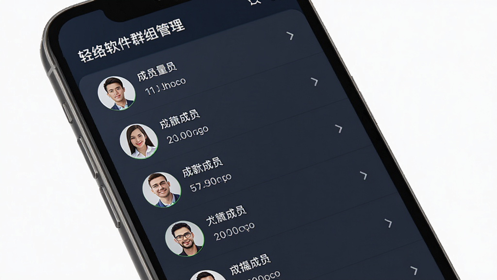 轻络软件群组管理界面,主体为手机屏幕显示群成员列表与群设置,布局列表式,排版整齐,风格商务,细节包含头像、群名称、成员数量,画质高清,干净,无多余元素