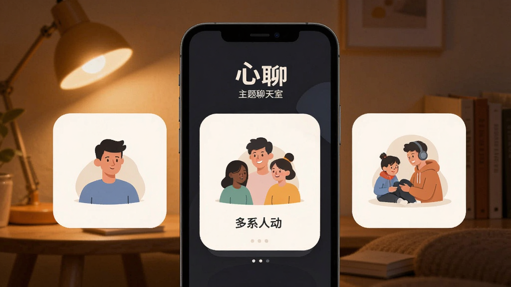心聊 主题聊天室 多人互动 手机屏幕 暖色灯光 圆角卡片 现代扁平风格 高清画质 干净无多余元素