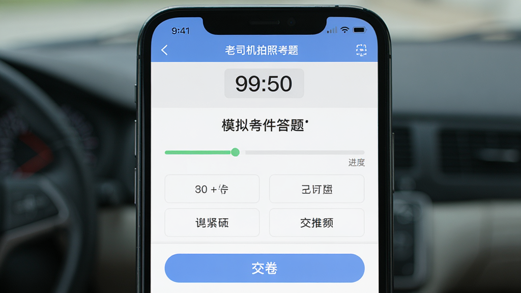 ��˾����������ģ�⿼�Խ��棬����Ϊ�ֻ���ʾģ�⿼�Դ���ҳ�棬����Ϊ�Ϸ���ʱ���м���Ŀ�·�ѡ�ť���Ű�����淶�����Ϊ����ѧϰ��Ӧ�ã�ϸ�ڰ����������ͽ�����ť�����������ɾ��޶���Ԫ��