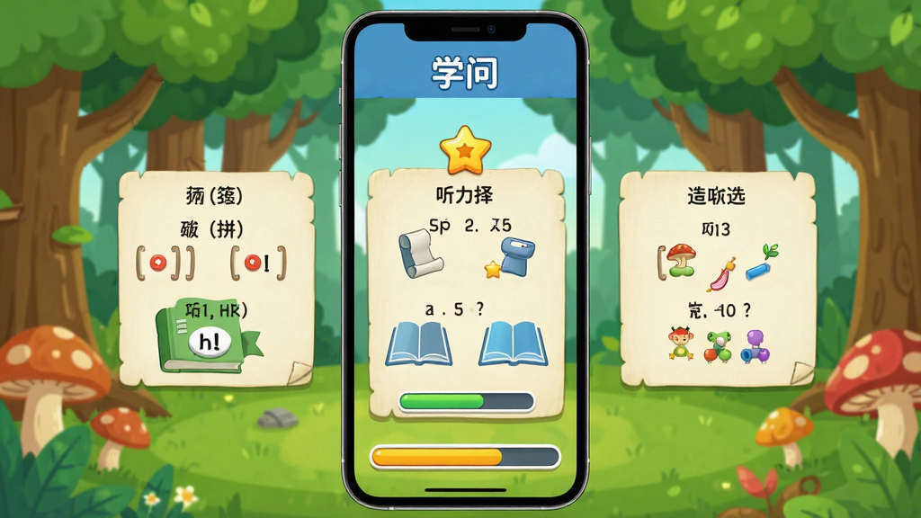 �������ơ�ѧ�ʡ�ѧϰ���棬�ֻ���Ļ��ʾӢ�ﴳ����Ϸ���棬�е���ƴд������ѡ������ͣ������ǿ�ͨ����֪ʶɭ�֣�������������������Ȥ��ϸ�ڰ������ǽ����ͽ����������ʸ��壬�ɾ����޶���Ԫ��