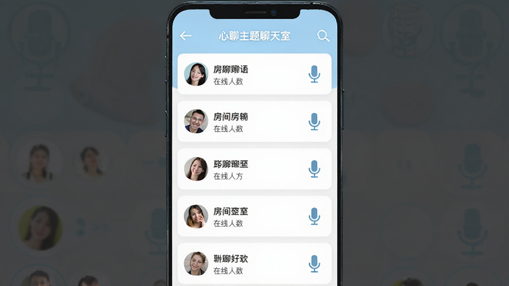 心聊主题聊天室界面,主体为多人在线语音房间列表,布局为纵向卡片式排列,排版整齐,风格清新明亮,细节包含房间名称、在线人数和麦克风图标,画质清晰,干净,无多余元素