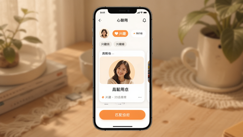 心聊应用界面展示,主体为手机屏幕中显示兴趣标签与匹配用户卡片,布局居中,排版清晰,风格温暖现代,细节包含头像、兴趣图标和匹配按钮,画质高清,干净,无多余元素