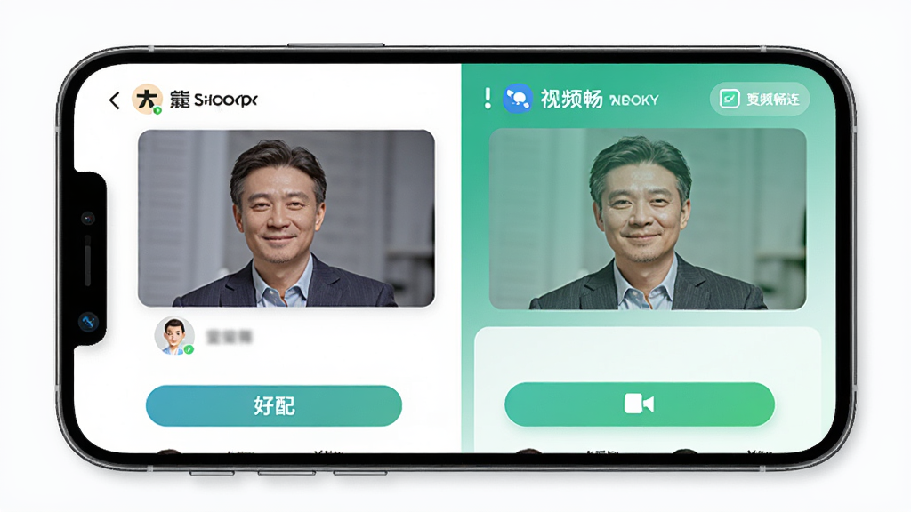 大叔找爱软件界面截图,展示智能引荐和视频畅连功能,主体为手机屏幕,布局为左右两栏展示,排版简洁清晰,风格现代科技感,细节包含用户头像和匹配按钮,画质高清干净无多余元素
