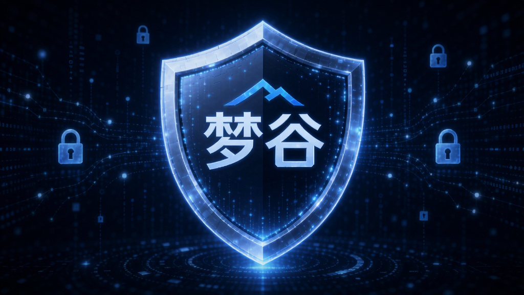 梦谷安全防护概念图,画面主体是一个发光的盾牌图标,盾牌中央有梦谷的Logo,背景是深蓝色的数字空间,布局居中对称,风格科技感强,细节包含数据流线条和锁形符号,画质高清,干净,无多余元素