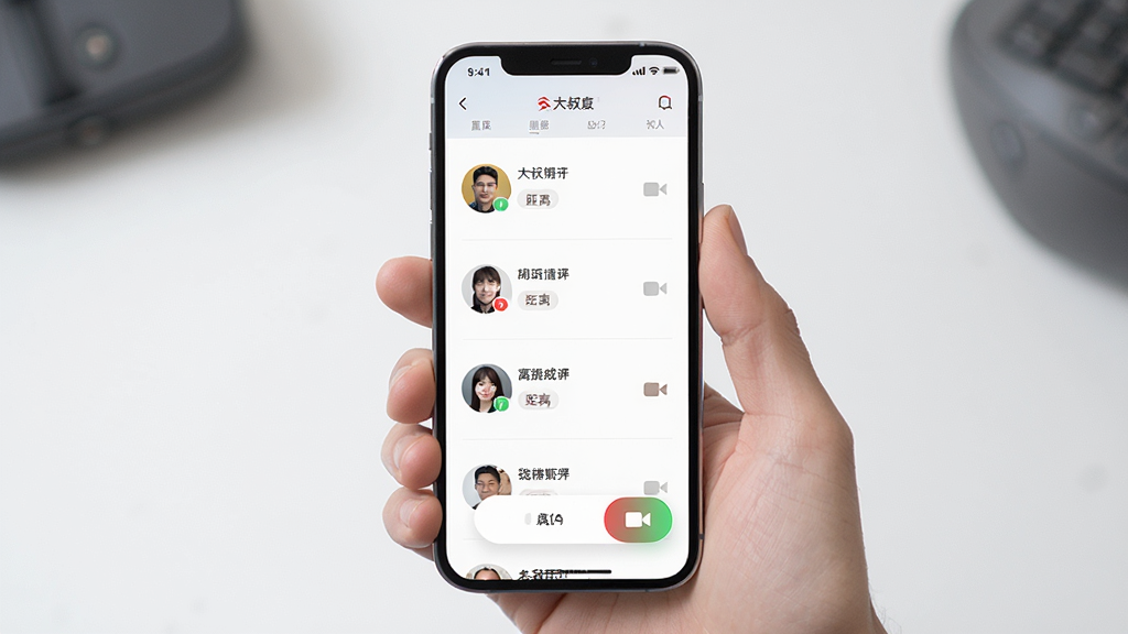 大叔找爱软件界面展示,主体为手机屏幕显示同城交友列表,布局为竖版手机界面,排版清晰,风格为现代简约科技风,细节包含用户头像、距离标签、视频通话按钮,画质高清,干净,无多余元素