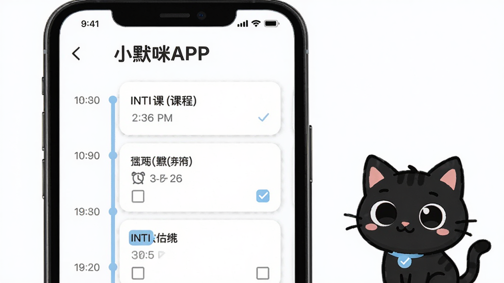 СĬ��APP����չʾ��һֻ�ɰ���INTJС��è������λ�ڻ������½ǣ�����Ϊ�ֻ���Ļ����ʾ�γ̱�ʱ������ճ̿�Ƭ�����ּ���������Ű�Ϊ���½ṹ�Ϸ������·����ܽ�ͼ�����Ϊ���¿�ͨ��ƽ����ƣ�ϸ�ڰ����γ����ơ�ʱ���ע������ͼ�ꡢ���카ѡ�򣬻��ʸ��壬�ɾ����޶���Ԫ��