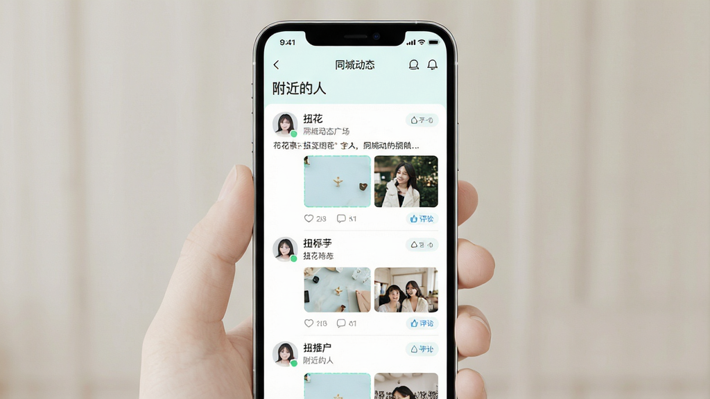 扭花软件同城动态广场界面展示,主体为手机屏幕中显示附近用户动态列表,布局为居中手机模型展示,排版为上下结构上方标题下方内容列表,风格为清新浅色系UI设计,细节包括用户头像、昵称、动态文字与配图、点赞评论按钮,画质为高清渲染图,干净无多余元素,画面中文字使用“扭花”“同城动态”“附近的人”等字样