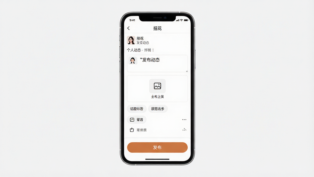 扭花软件个人动态发布界面展示,主体为手机屏幕中显示动态编辑页面,布局为居中手机模型展示,排版为顶部导航栏加中部编辑区加底部发布按钮,风格为简约清爽设计,细节包括文字输入框、图片上传按钮、话题标签选择、发布按钮,画质为高清渲染图,干净无多余元素,画面中文字使用“扭花”“发布动态”“展示真实自我”等字样