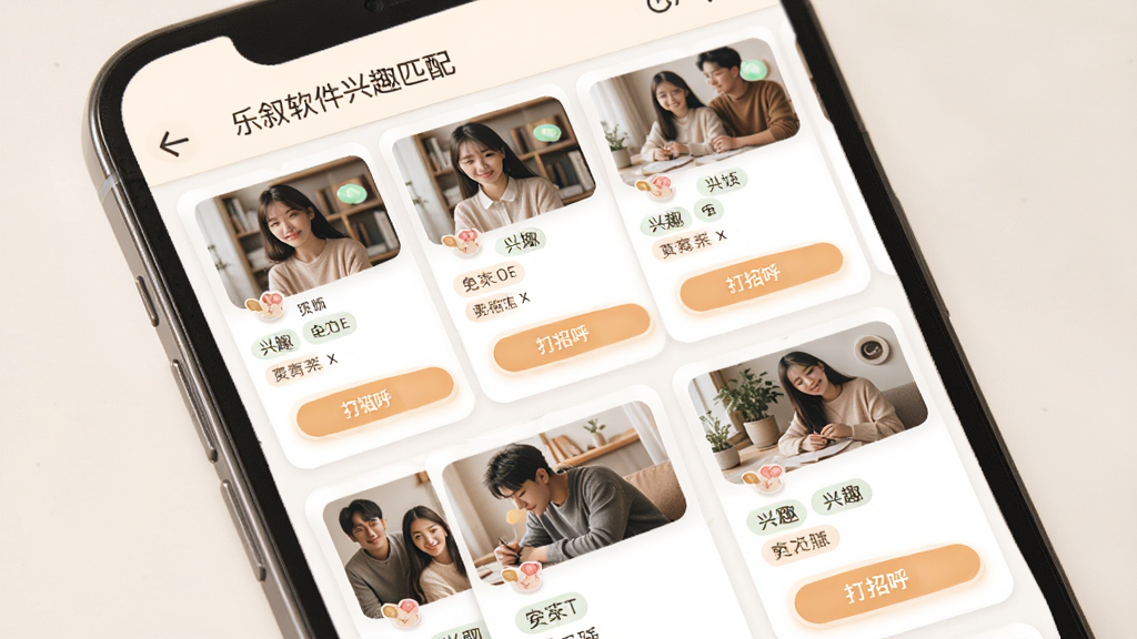 乐叙软件兴趣匹配页面截图,主体为手机屏幕展示用户卡片列表,布局网格排列,排版整齐,风格温暖柔和,细节包含兴趣标签和打招呼按钮,画质清晰,干净,无多余元素