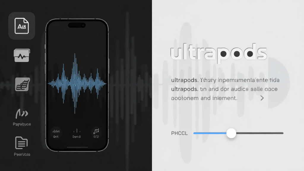软件名称ultrapods,主体为手机与音频波形,布局左右分栏,排版左图右文,风格现代简约,细节包含格式图标和变速滑块,画质清晰,干净,无多余元素