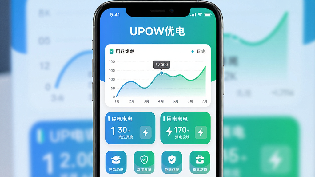 ����Ϊһ�������ֻ���Ļ��ʾUPOW�ŵ�APP�ĵ��������Ǳ��̽��棬���ֲ��þ��й�ͼ���Ϸ�Ϊ�������ơ�UPOW�ŵ硱���֣��м�չʾ����ͼ���õ����ݿ�Ƭ���·��й���ͼ�꣬�Ű������������Ϊ�ִ��Ƽ��б�ƽ����ƣ�ϸ�ڰ�����ɫ����ɫΪ��ɫ�������ݿ��ӻ�ͼ����Բ�ǿ�Ƭ������Ϊ����4K���ɾ��޶���Ԫ��