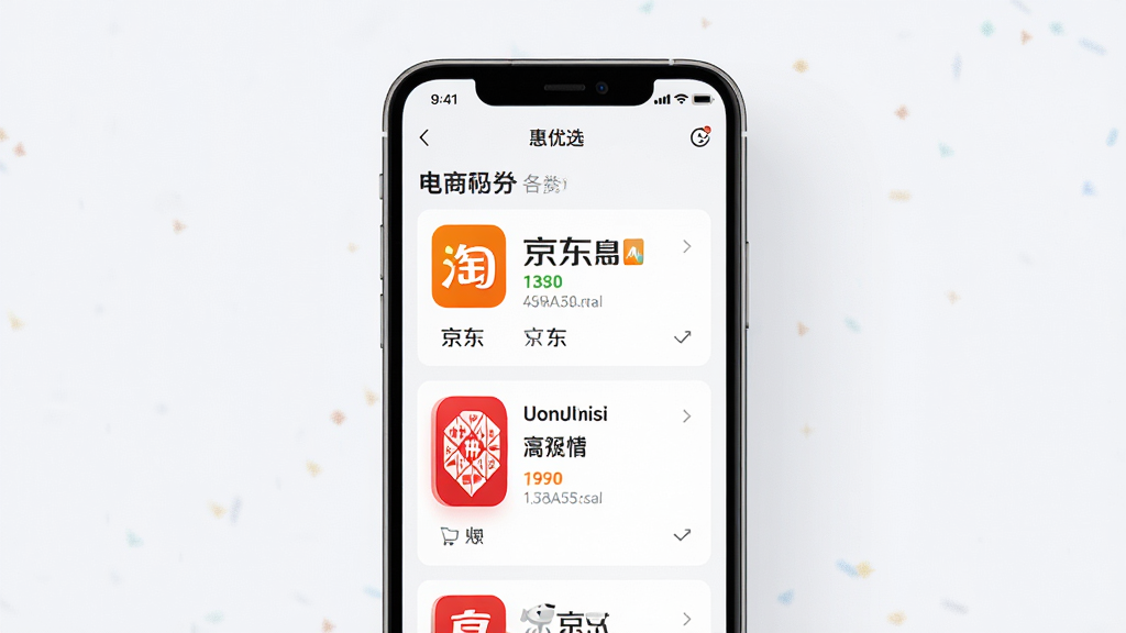 惠优选APP首页展示各大电商平台优惠券聚合界面,手机屏幕居中,背景干净浅色,布局清晰,风格现代简约,细节包含淘宝、京东、拼多多图标,画质高清,干净无多余元素