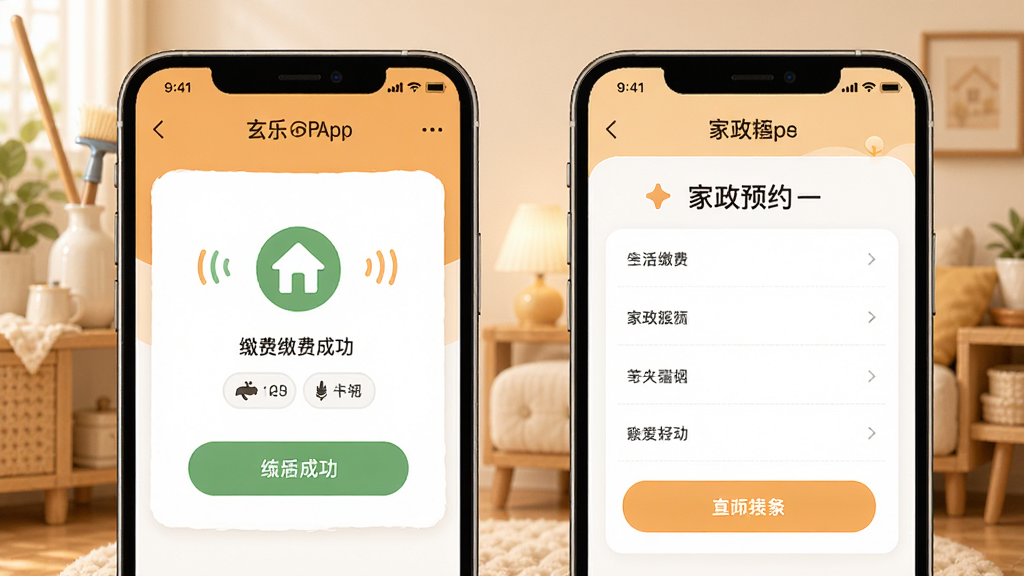 ����APP����ɷ������������棬����Ϊ�ֻ���Ļ��ʾ�ɷѳɹ�ҳ��ͼ���ԤԼ����������Ϊ���½ṹ���Ű����������Ϊ��ܰ�Ӽҷ磬ϸ�ڰ���ˮ��ͼ�����๤�ߣ����ʸ��壬�ɾ����޶���Ԫ��