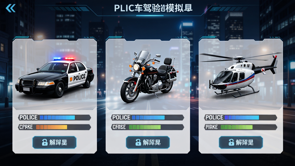 警车驾驶体验模拟载具选择界面,主体为三辆警用载具并排展示轿车、摩托车、直升机,布局为横向排列居中,排版为卡片式UI,风格为科技感模拟游戏菜单,细节包括每辆车下方有属性条与解锁按钮,背景为城市夜景,画质高清干净无多余元素