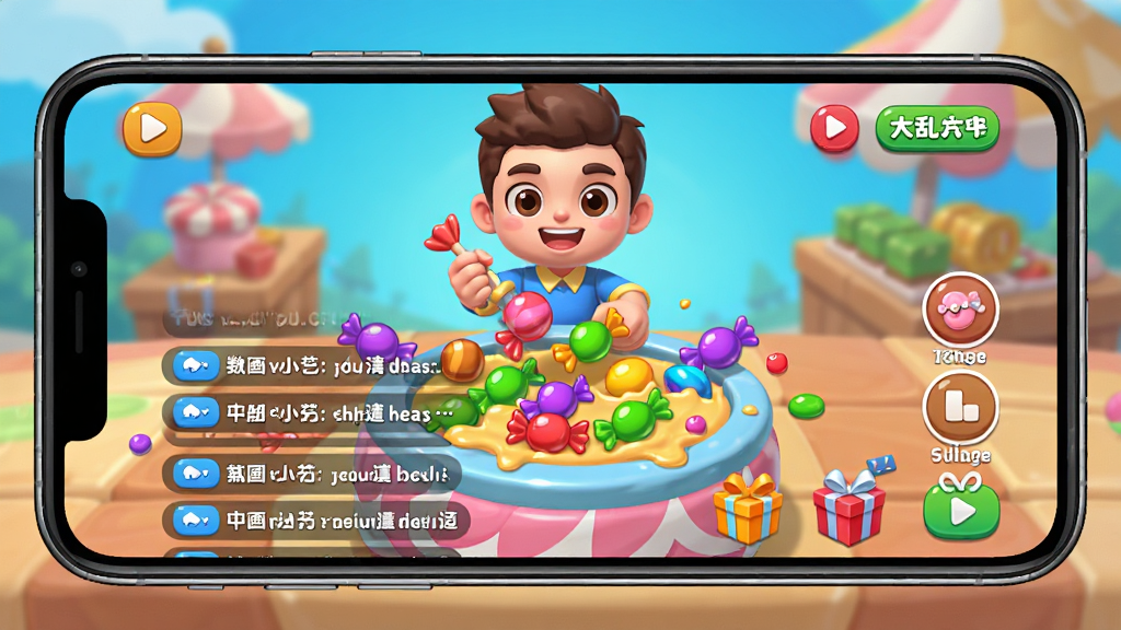 主体为手机屏幕内展示糖果大乱斗游戏直播界面,布局为上方主播角色正在制作彩色糖果,下方弹幕与礼物图标滚动,排版居中,风格为卡通明快,细节包括糖果色泽鲜亮、直播间按钮清晰,画质高清干净无多余元素