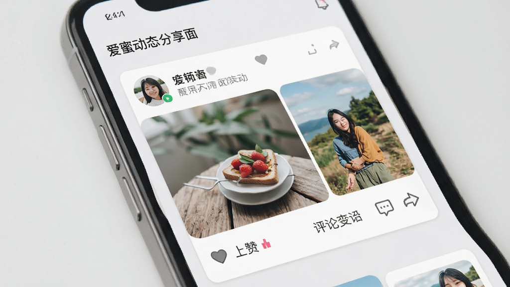 爱蜜动态分享页面展示,手机屏幕中显示用户发布的图文动态卡片,包含点赞和评论按钮,背景为浅灰色,整体风格清新自然,排版整齐,画质干净,无多余元素