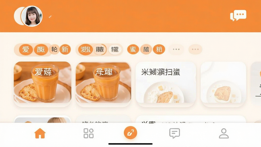 爱蜜社交软件界面截图,主色调为暖橙色与白色,顶部显示用户头像和消息图标,中部为兴趣标签卡片流,底部为导航栏,整体布局简洁清新,风格现代扁平化,细节清晰,画质干净,无多余元素