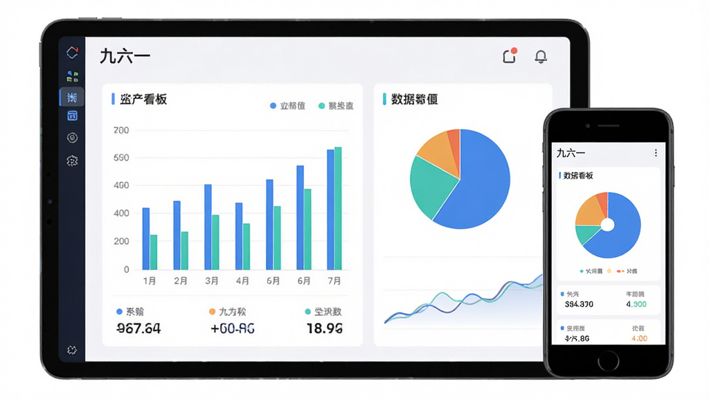 九六一软件中的数据看板页面,主体为平板与手机组合展示,布局左右分栏,排版整齐,风格科技简约,细节包含柱状图与饼图,画质高清干净无多余元素