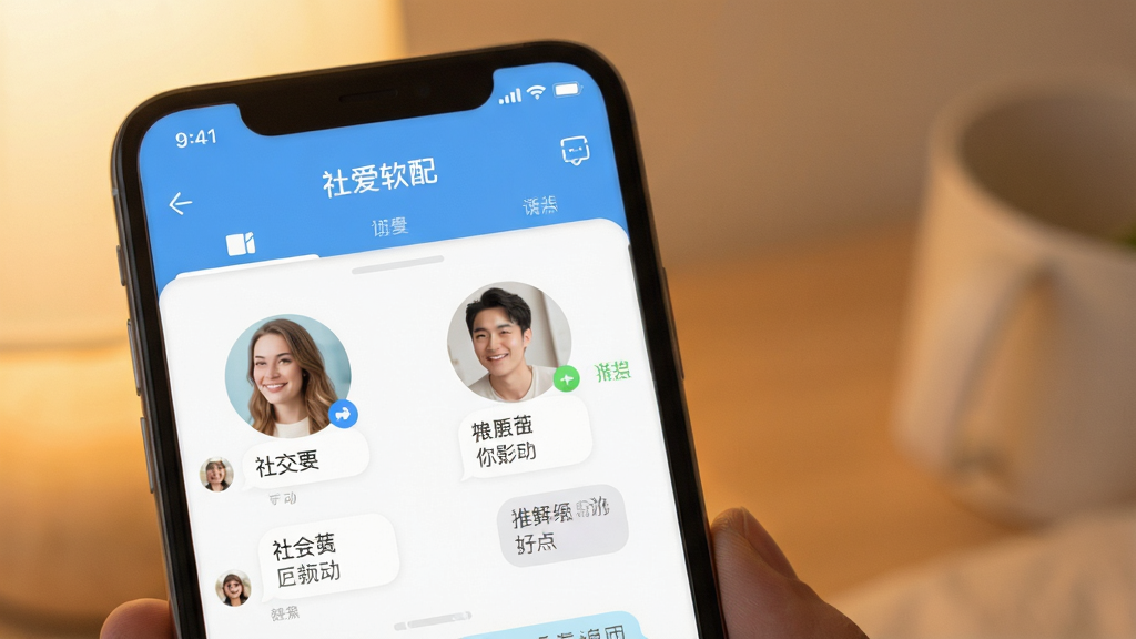 陪爱软件界面展示,手机屏幕中显示社交匹配页面和聊天气泡,背景温暖柔和,画面干净整洁,风格清新现代,高画质,无多余元素