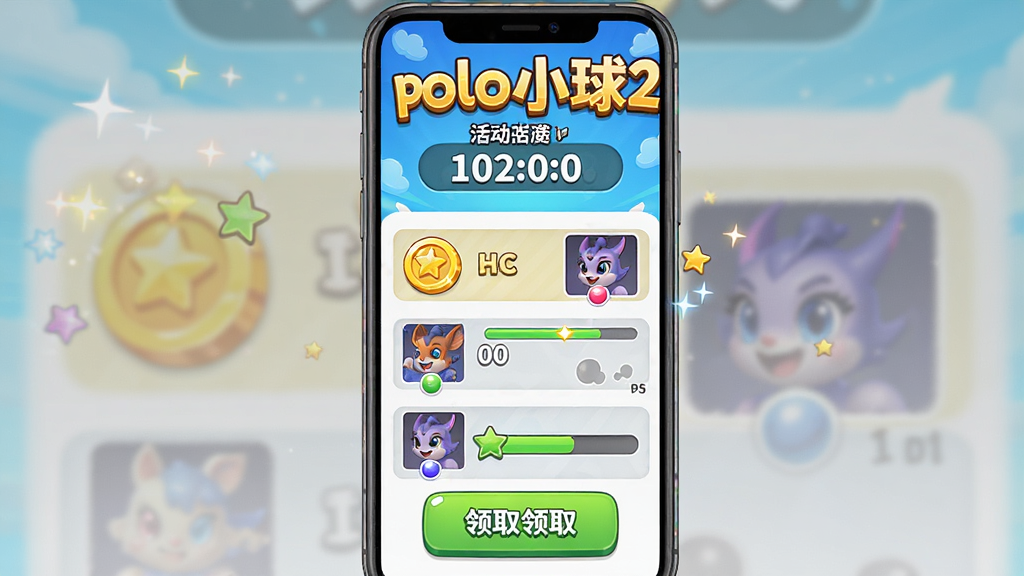 游戏活动界面,主体是活动横幅和奖励展示,布局为竖屏手机界面,排版上方显示活动标题和倒计时,下方显示奖励列表和领取按钮,风格为明亮活泼的游戏UI,细节包括金币图标、皮肤预览图、进度条、闪烁特效,画质高清,干净,无多余元素,画面中带文字“polo小球2”