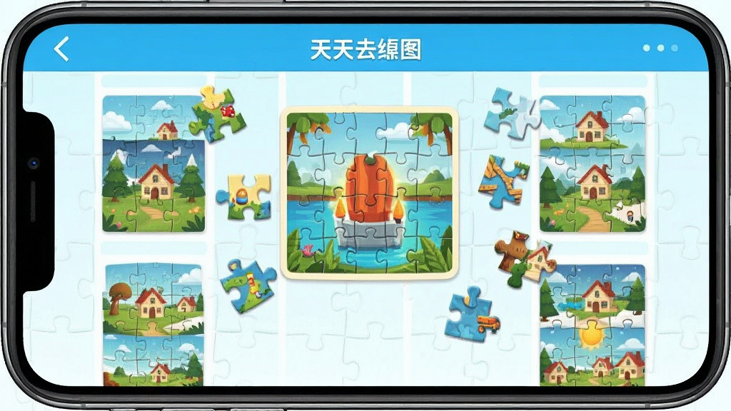 天天去拼图 游戏主界面 展示多种主题图库 拼图碎片散落 清新明亮风格 手机屏幕截图 画质清晰 干净无多余元素